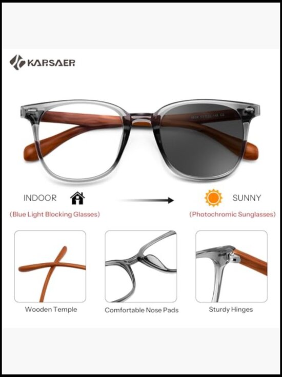 Photochromic Sunglasses Blue Light Blocking Computer Glasses Wooden Temples Set